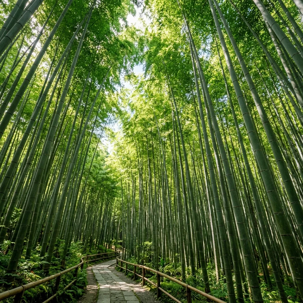 Towering bamboo stalks forming a dense canopy along the Arashiyama bamboo path
