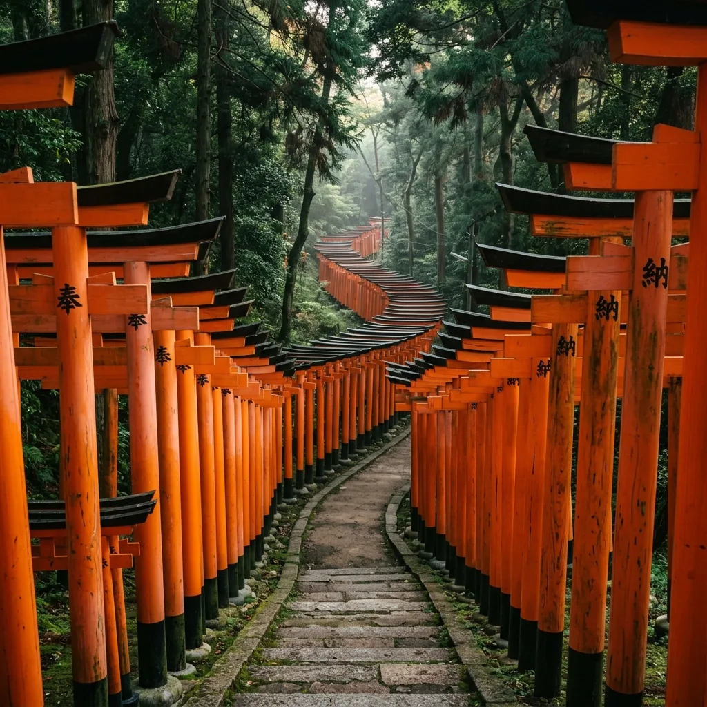 Thousands of vermilion torii gates lining the path up Fushimi Inari mountain