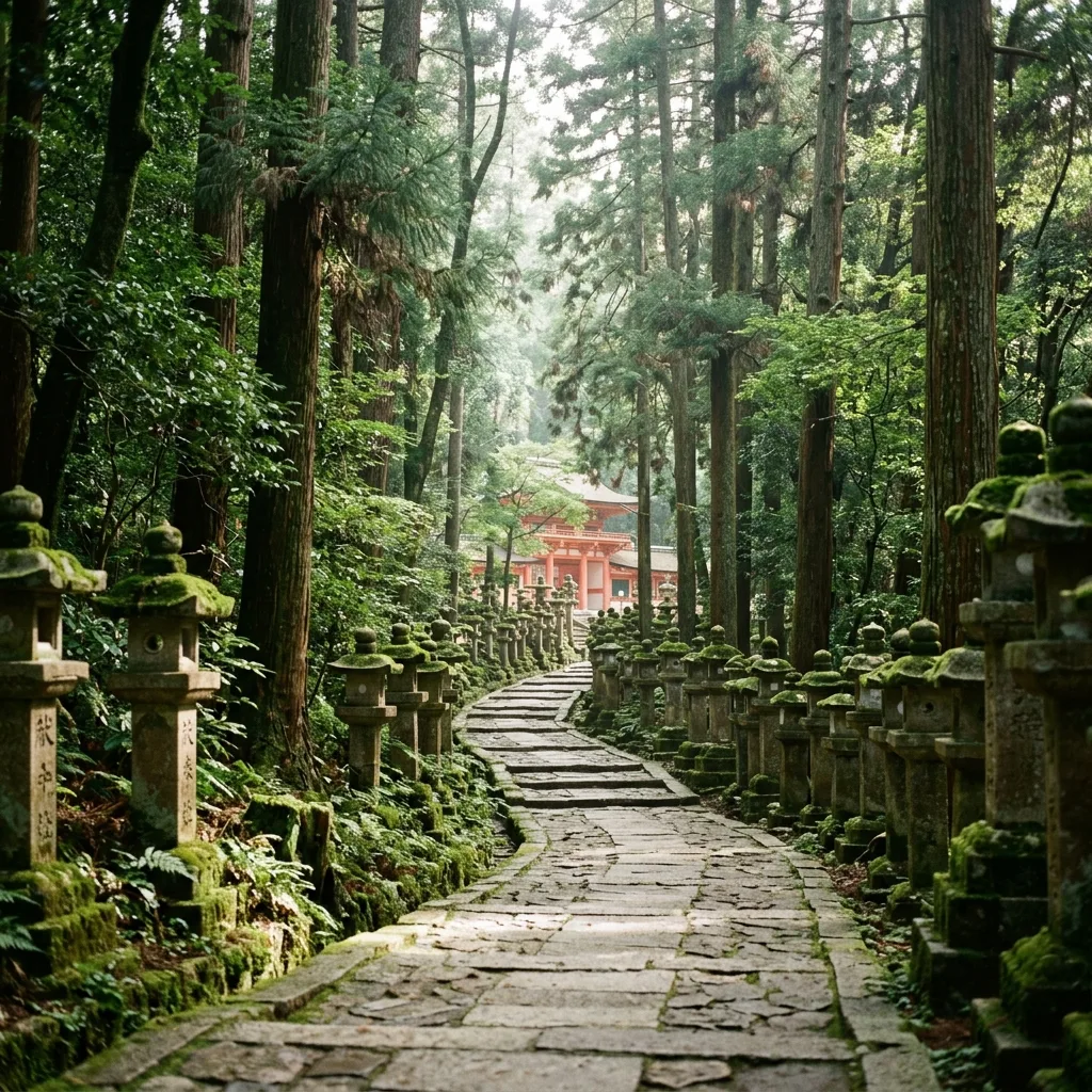 Hundreds of bronze and stone lanterns lining the approach path to Kasuga Taisha shrine