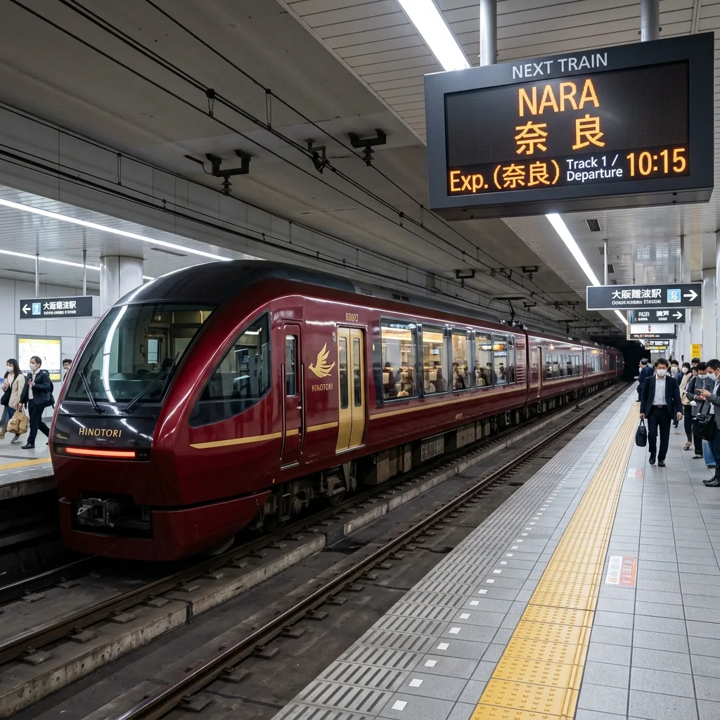 Kintetsu limited express train at Osaka-Namba station platform bound for Nara