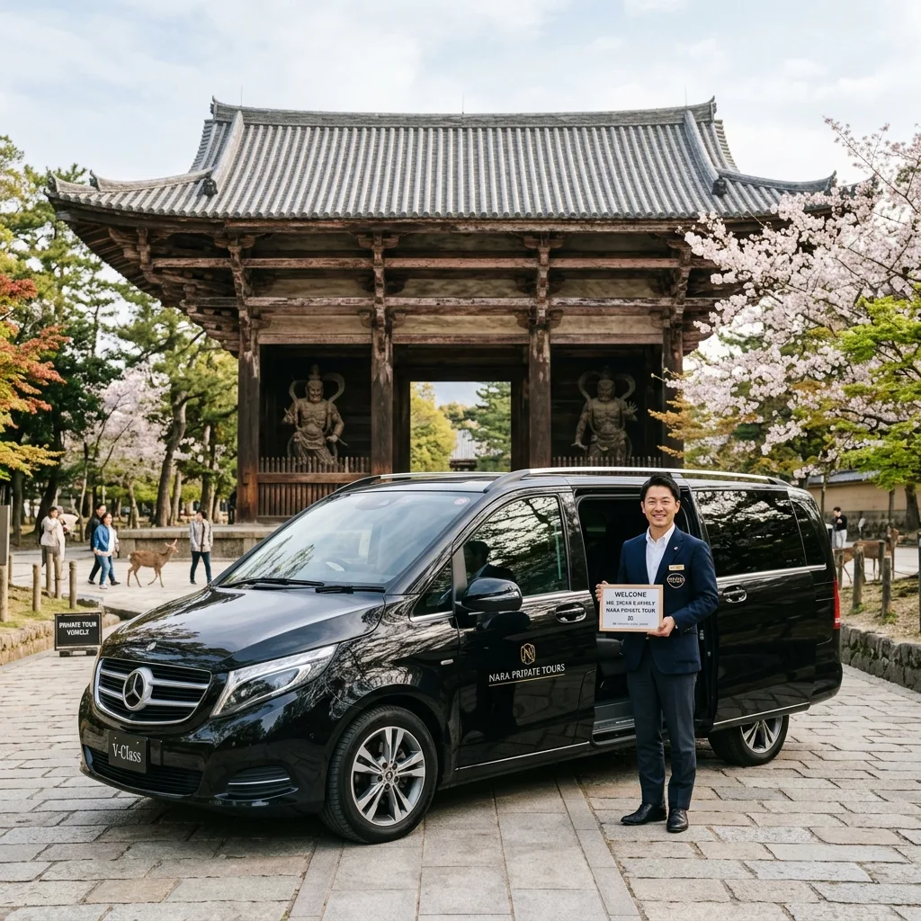 Luxury private van with a guide waiting outside Nara Park entrance for a small-group tour