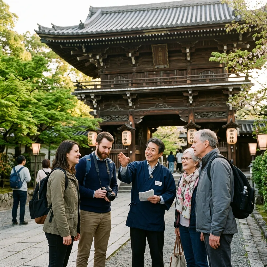Small private tour group listening to a guide at a Kyoto temple gate before departing for Nara