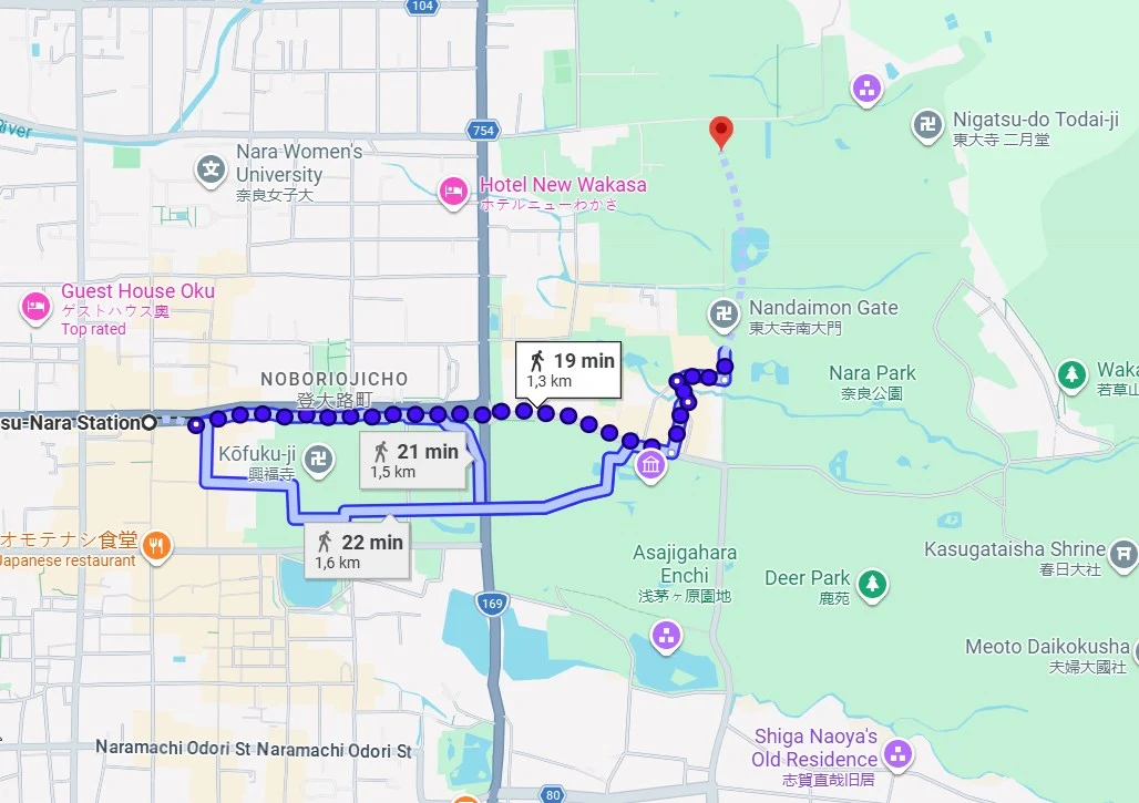 Walking routes from Kintetsu Nara Station to Nara Park and Todai-ji, 19–22 minutes