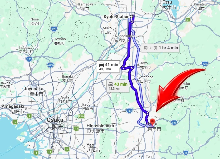 Map showing the route from Kyoto Station to Nara, approximately 43 km