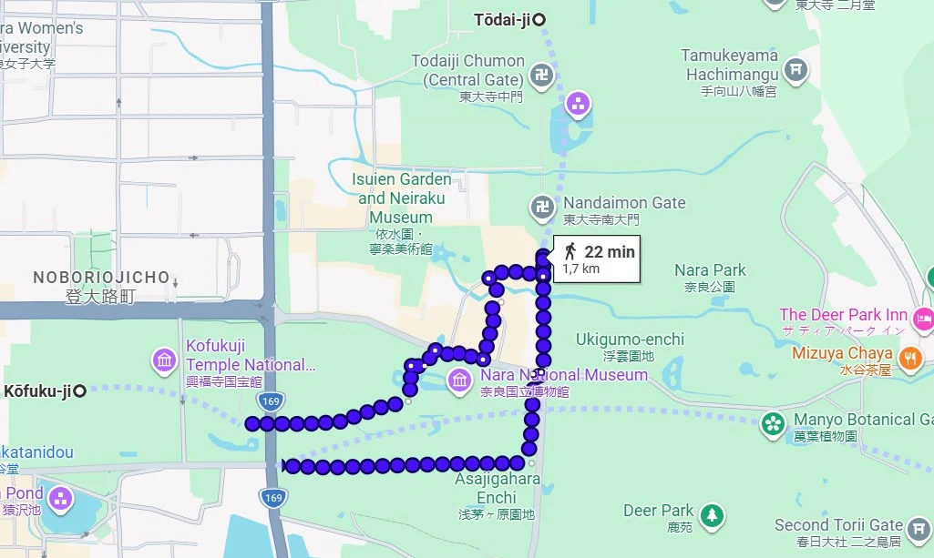 Walking circuit map of Nara Park showing Kofuku-ji, Todai-ji, and Kasuga Taisha within 1.7 km