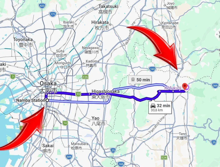 Map showing the route from Osaka Namba Station to Nara, approximately 34 km, 50 minutes by train