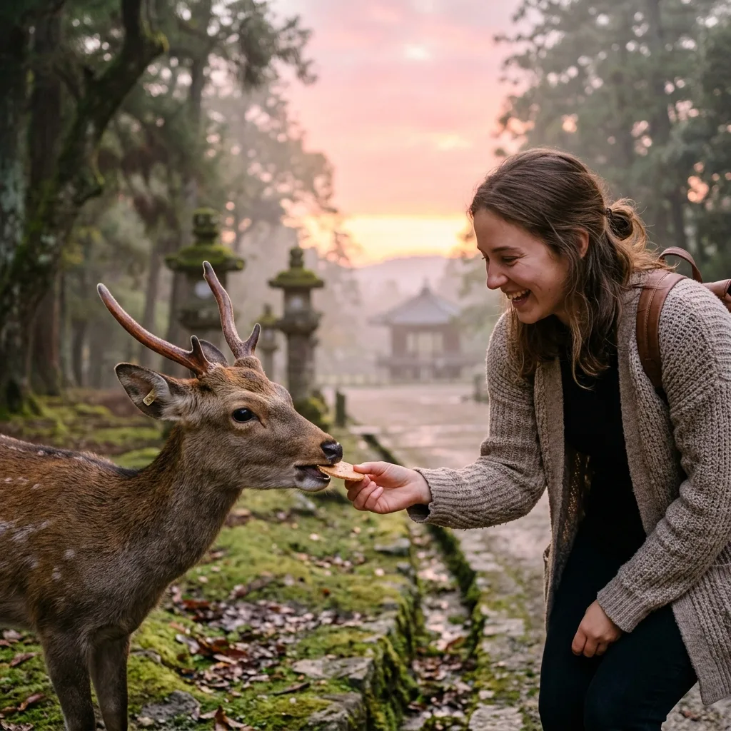 Visitor hand-feeding a sika deer shika-senbei crackers in Nara Park at dawn