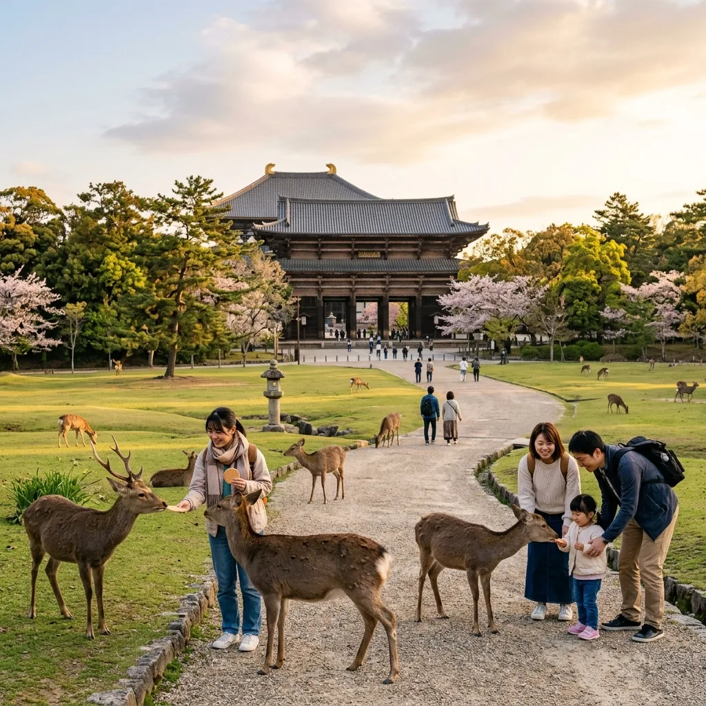 Sika deer grazing freely among tourists in Nara Park near Todai-ji