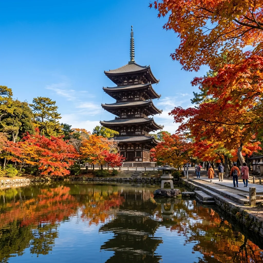Five-storey Kofuku-ji pagoda rising above autumn maple trees in central Nara