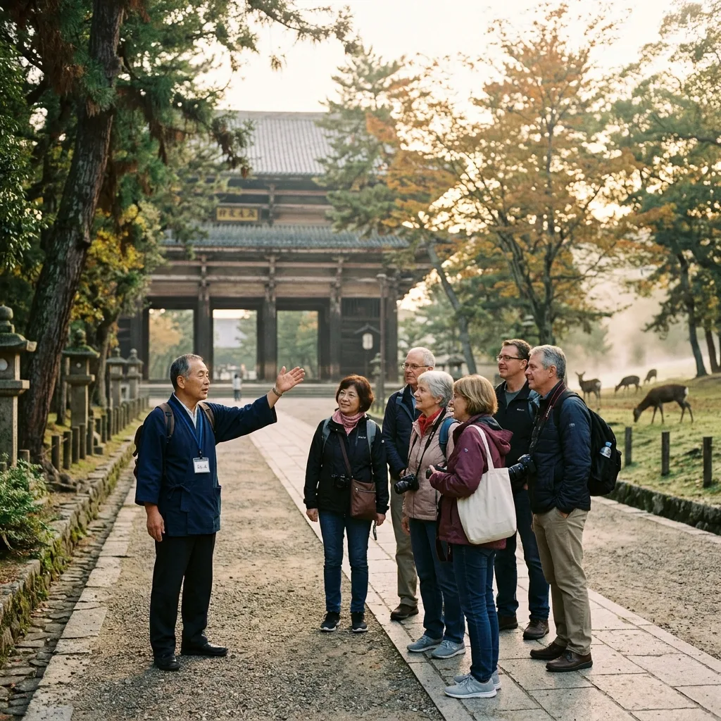 Tour guide leading a small group through Nara Park at sunrise