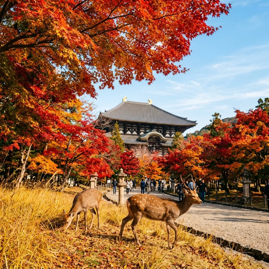 Fiery red and gold autumn maple leaves over Nara Park with deer in the foreground