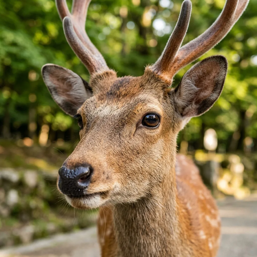 Close-up of a sika deer with velvet antlers looking directly at the camera in Nara Park