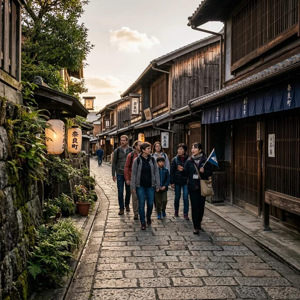 Guide and tourists walking through a traditional stone-paved lane in Nara's historic district