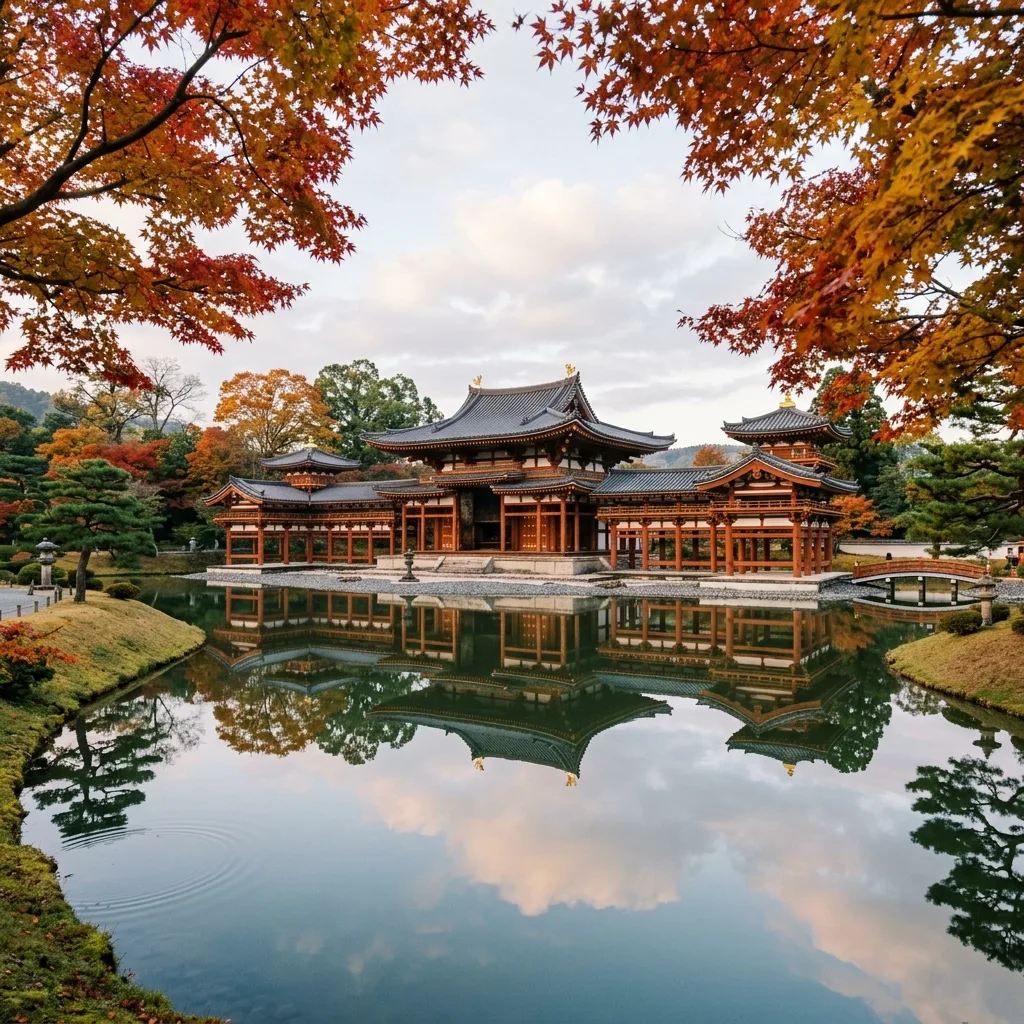 Scenic view of the Uji River with Byodoin temple pagoda and autumn trees reflected in the water