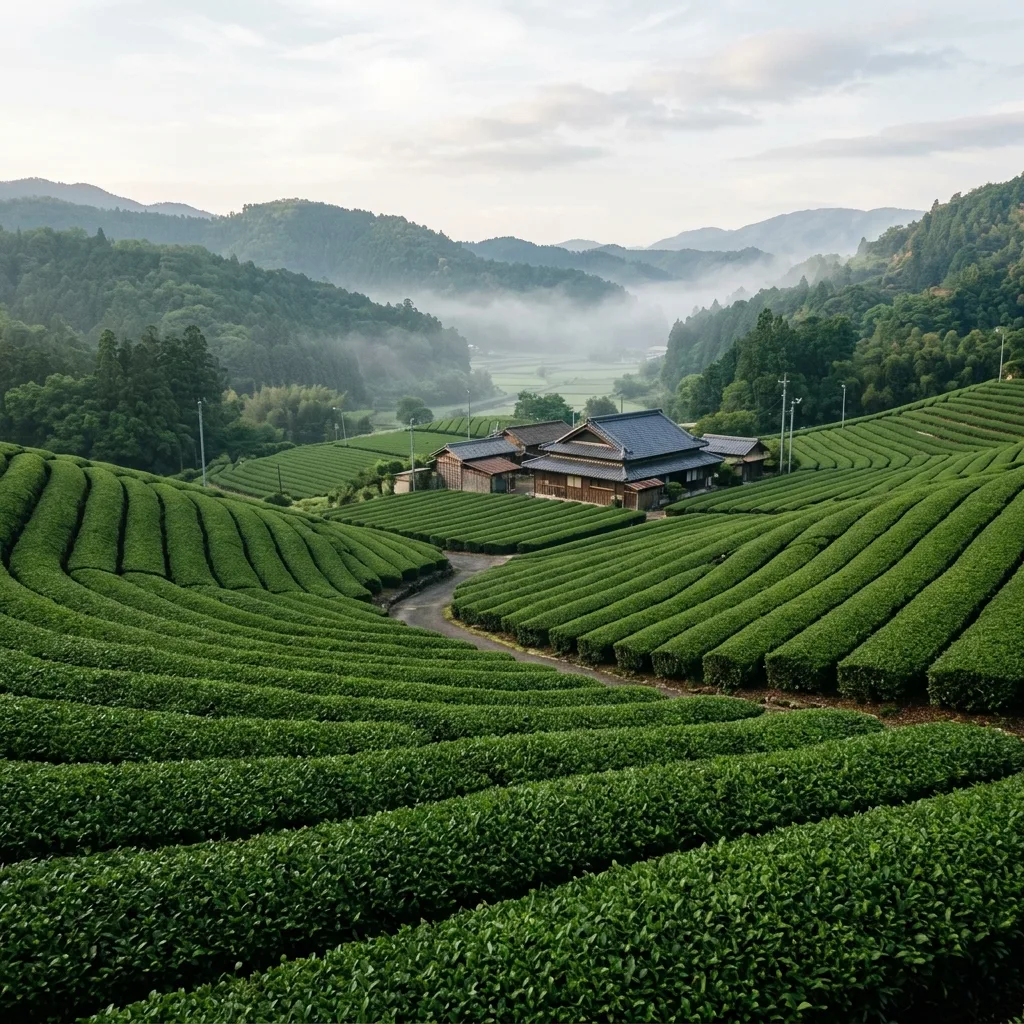 Rows of neatly trimmed tea bushes on the hillside tea fields of Uji near Kyoto